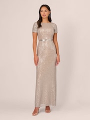 Adrianna Papell Silver Column Sequin Gown - Image 1 of 7