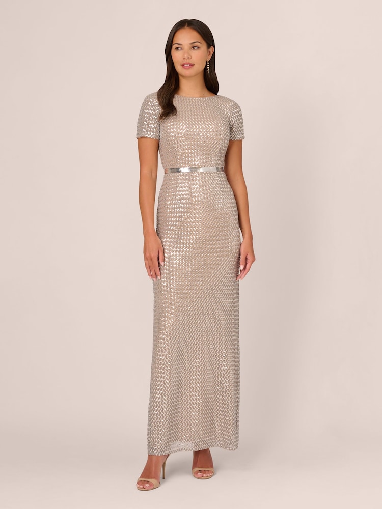 Adrianna Papell Silver Column Sequin Gown - Image 1 of 7