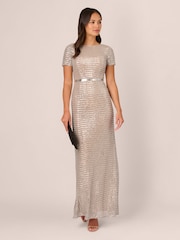 Adrianna Papell Silver Column Sequin Gown - Image 3 of 7