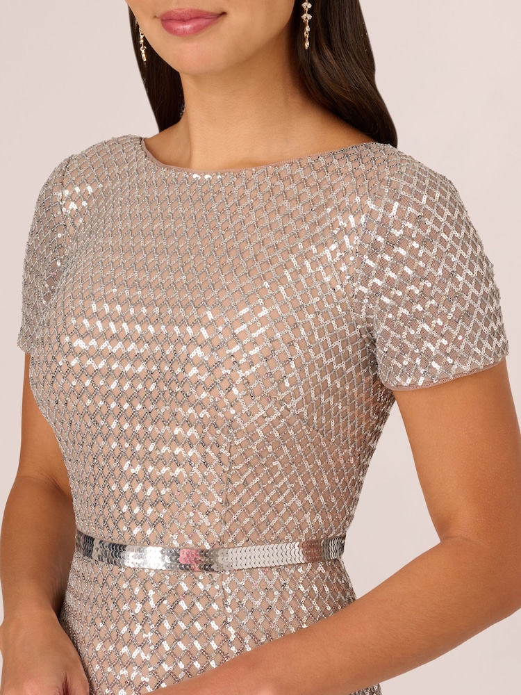 knee length dresses for ladies Champagne Collared Sequin Tweed Midi Dress main image 1