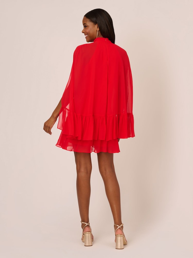 Adrianna Papell Red Chiffon Ruffle Cape Dress - Image 2 of 7