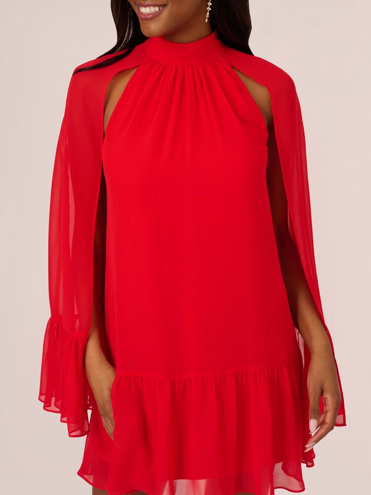 Adrianna Papell Red Chiffon Ruffle Cape Dress - Image 5 of 7