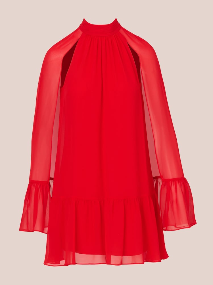 Adrianna Papell Red Chiffon Ruffle Cape Dress - Image 7 of 7