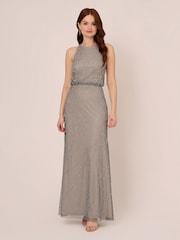 Adrianna Papell Silver Bead Halter Blouson Dress - Image 1 of 7