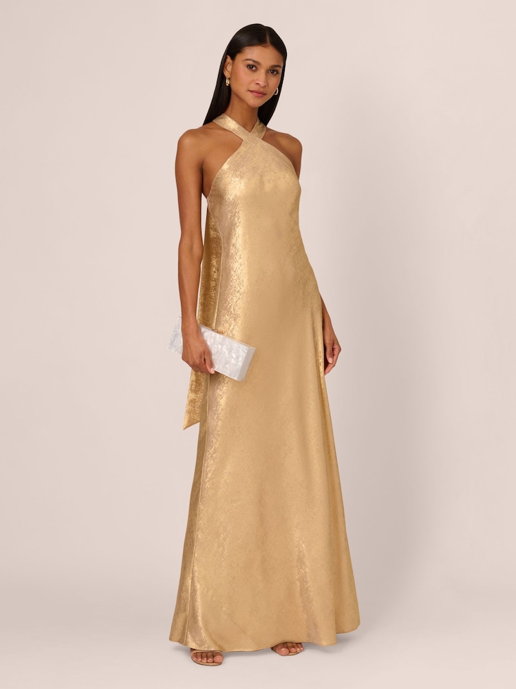 Adrianna Papell Gold Foiled Woven Halter Gown - Image 3 of 7
