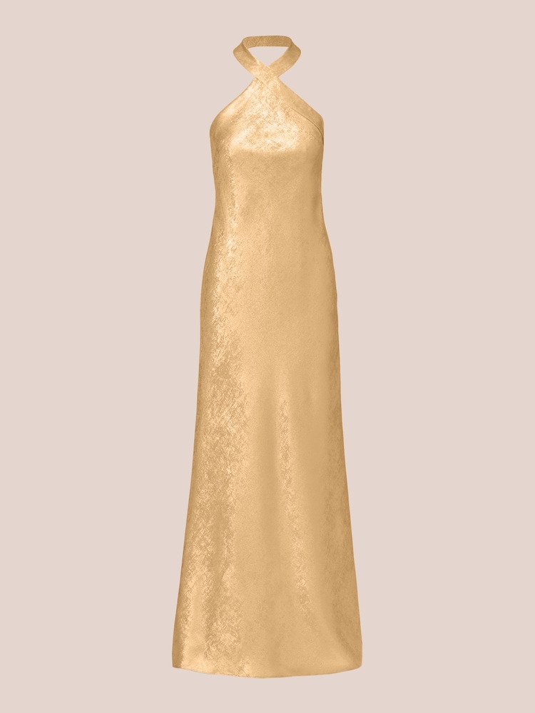 Adrianna Papell Gold Foiled Woven Halter Gown - Image 6 of 7