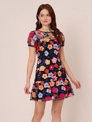 Adrianna Papell Embroidered Flounce Black Dress - Image 1 of 7