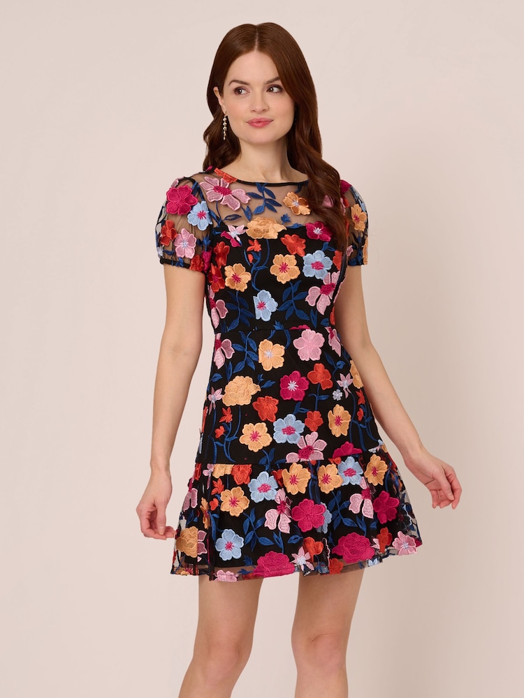 Adrianna Papell Embroidered Flounce Black Dress - Image 1 of 7