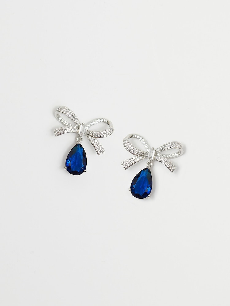 Jon Richard Silver Tone Cubic Zirconia Bow And Blue Peardrop Earrings - Image 1 of 3