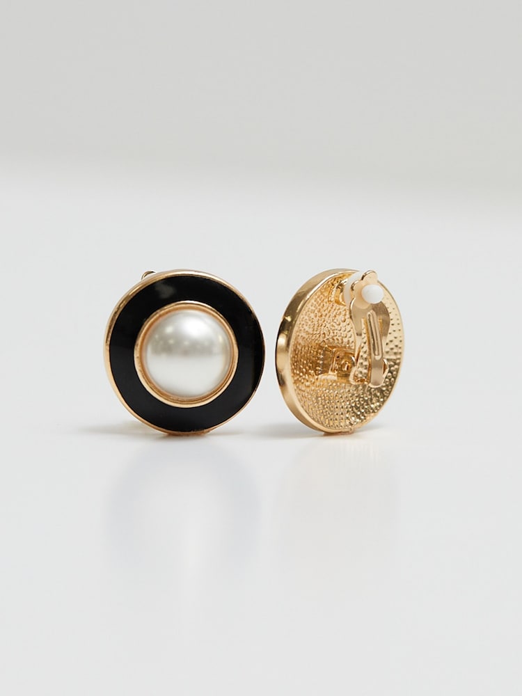 Jon Richard Gold Tone Vintage Inspired Pearl and Enamel Clip Earrings - Image 1 of 4 Jon Richard Gold Tone Vintage Inspired Pearl and Enamel Clip Earrings - Image 1 of 4