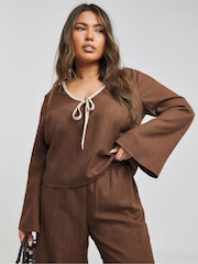 Simply Be Brown Contrast Trim Tie Front Blouse - Image 1 of 4