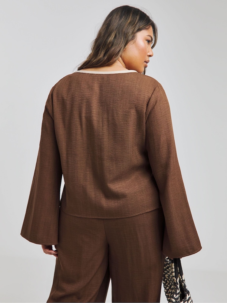 Simply Be Brown Contrast Trim Tie Front Blouse - Image 2 of 4