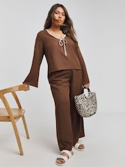 Simply Be Brown Contrast Trim Tie Front Blouse - Image 3 of 4