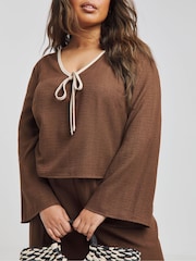 Simply Be Brown Contrast Trim Tie Front Blouse - Image 4 of 4