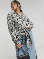 Simply Be Black Mono Print Tie Front Shirt - Image 1 of 4