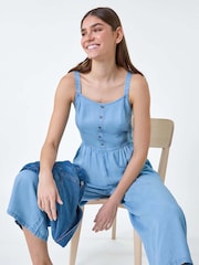 Roman Blue Denim Shirred Back Strappy Jumpsuit - Image 1 of 4