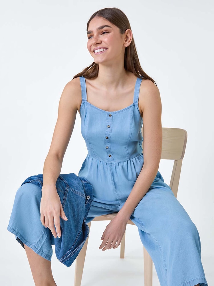 Roman Blue Denim Shirred Back Strappy Jumpsuit - Image 1 of 4