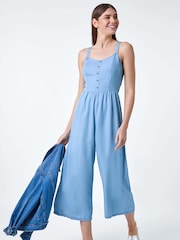 Roman Blue Denim Shirred Back Strappy Jumpsuit - Image 2 of 4