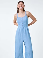 Roman Blue Denim Shirred Back Strappy Jumpsuit - Image 3 of 4