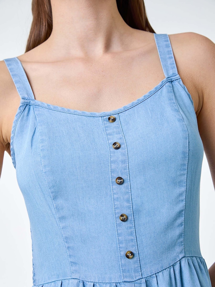 Roman Blue Denim Shirred Back Strappy Jumpsuit - Image 4 of 4