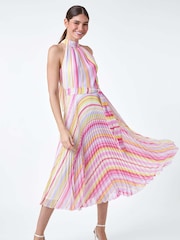 Roman Multi Stripe Print Pleated Midi Dress - Image 4 of 5