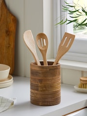 Natural Wooden Ribbed Utensil Pot - Image 1 of 5