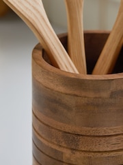 Natural Wooden Ribbed Utensil Pot - Image 3 of 5