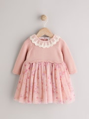 Pink Floral Mesh Twofer Mesh Baby Dress (0mths-2yrs) - Image 1 of 7