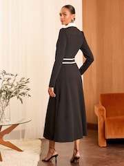 Love & Roses Black Ponte Contrast Trim Zip Front Long Sleeve Midi Dress - Image 3 of 4