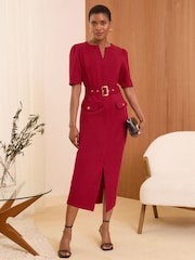 Love & Roses Red Tailored Belted V Neck Shorts Sleeve Mini Dress - Image 1 of 4