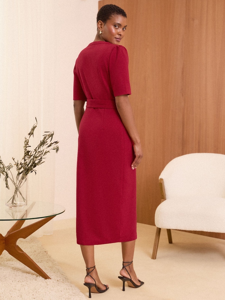Love & Roses Red Petite Tailored Belted V Neck Shorts Sleeve Mini Dress - Image 4 of 4