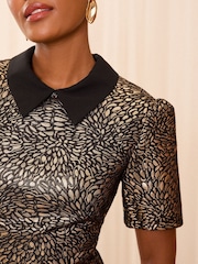 Love & Roses Black and Gold Jacquard Jacquard Collared Shift Mini Dress - Image 2 of 4
