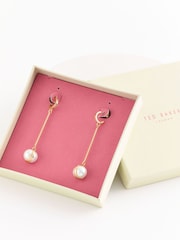Ted Baker Gold Tone PERLLIE: Logo Pearl Long Drop Earrings - Image 1 of 5