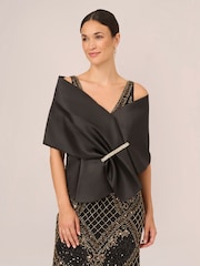 Adrianna Papell Mikado Embellished Wrap Black Poncho - Image 1 of 4