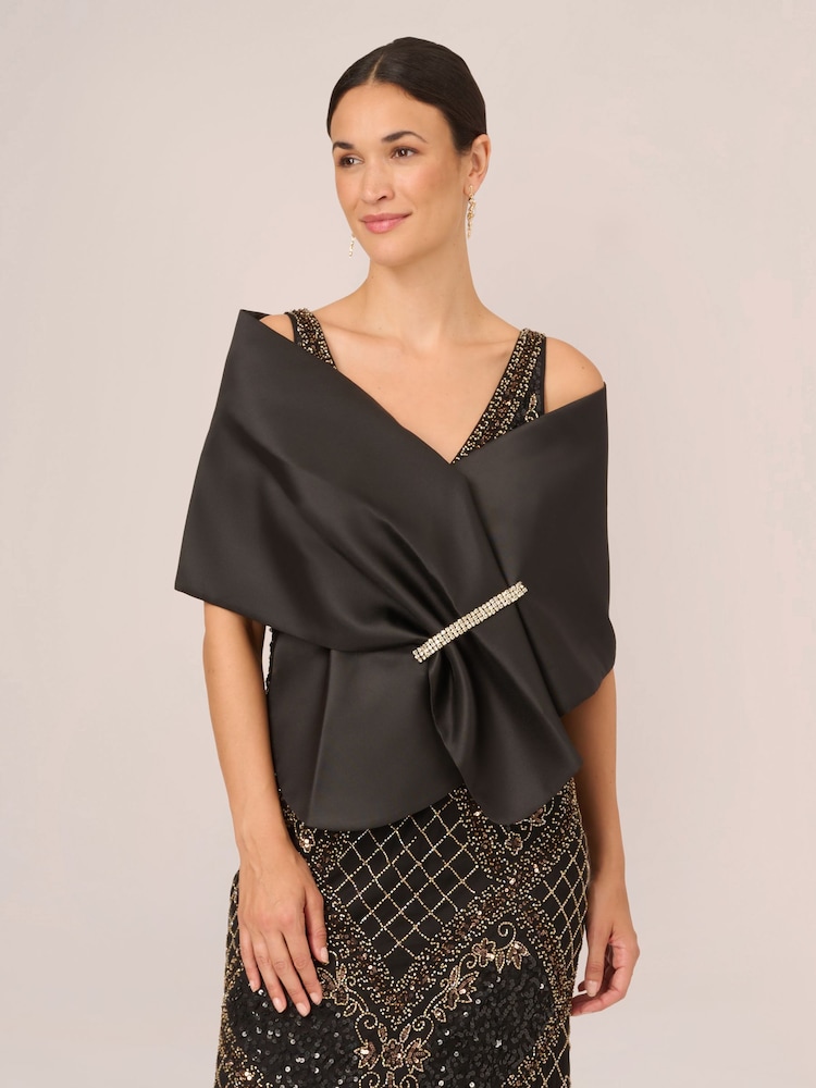 Adrianna Papell Mikado Embellished Wrap Black Poncho - Image 1 of 4