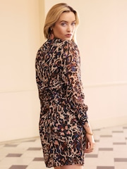 Love & Roses Beige Animal Stud Trim Belted Mini Dress - Image 3 of 4