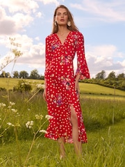 Love & Roses Red Polka Dot Printed Flute Sleeve Midi Dress - Image 1 of 4