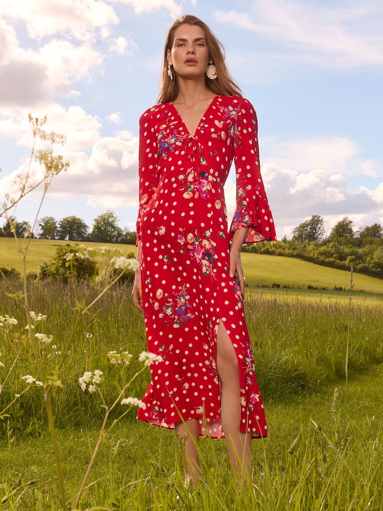 Love & Roses Red Polka Dot Printed Flute Sleeve Midi Dress - Image 1 of 4