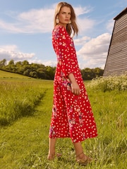 Love & Roses Red Polka Dot Printed Flute Sleeve Midi Dress - Image 2 of 4