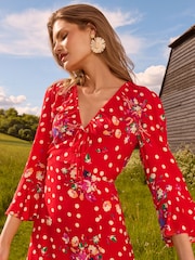 Love & Roses Red Polka Dot Printed Flute Sleeve Midi Dress - Image 4 of 4