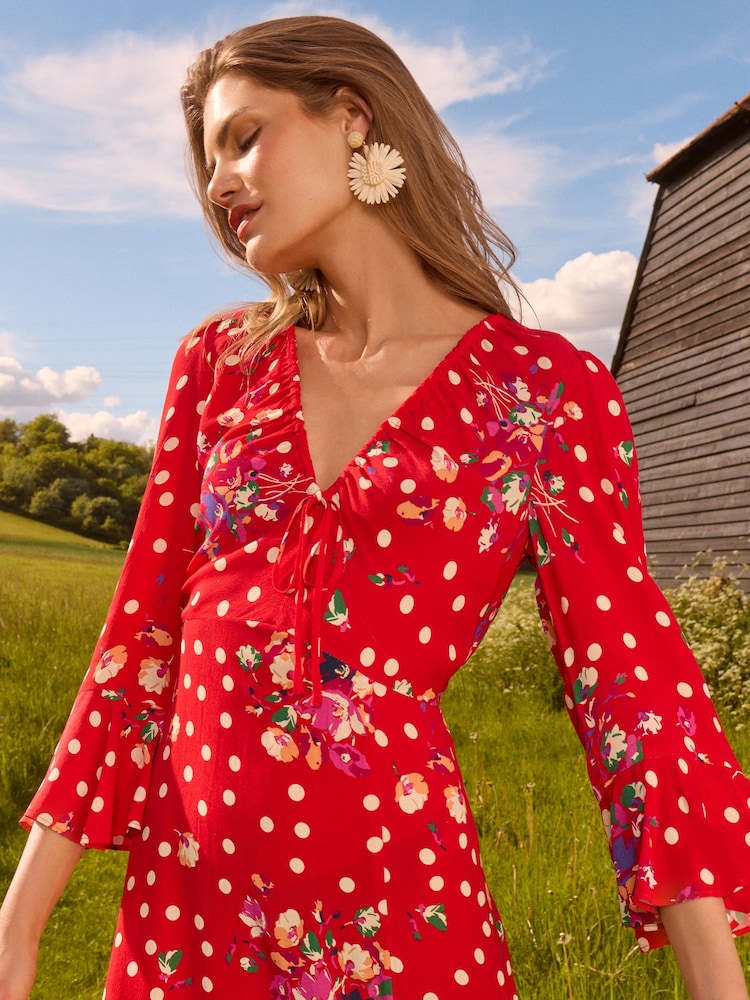 Love & Roses Red Polka Dot Printed Flute Sleeve Midi Dress - Image 4 of 4