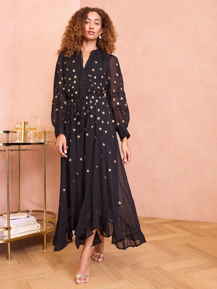 Love & Roses Black Sequin Polka Dot V Neck Midi Dress - Image 1 of 4 Love & Roses Black Sequin Polka Dot V Neck Midi Dress - Image 1 of 4