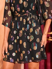 Love & Roses Green Polka Dot Petite Kimono Sleeve Metallic Polka Dot Mini Dress - Image 3 of 4