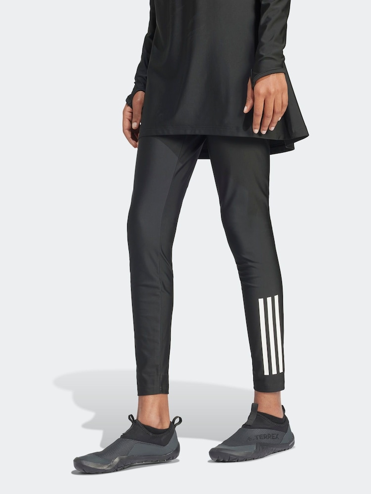 adidas Black/White 3 Stripe Swim Leggings - Image 1 of 6