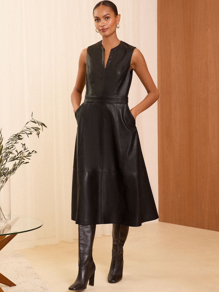 Love & Roses Black Faux Leather Fit and Flare Midi Dress - Image 4 of 4