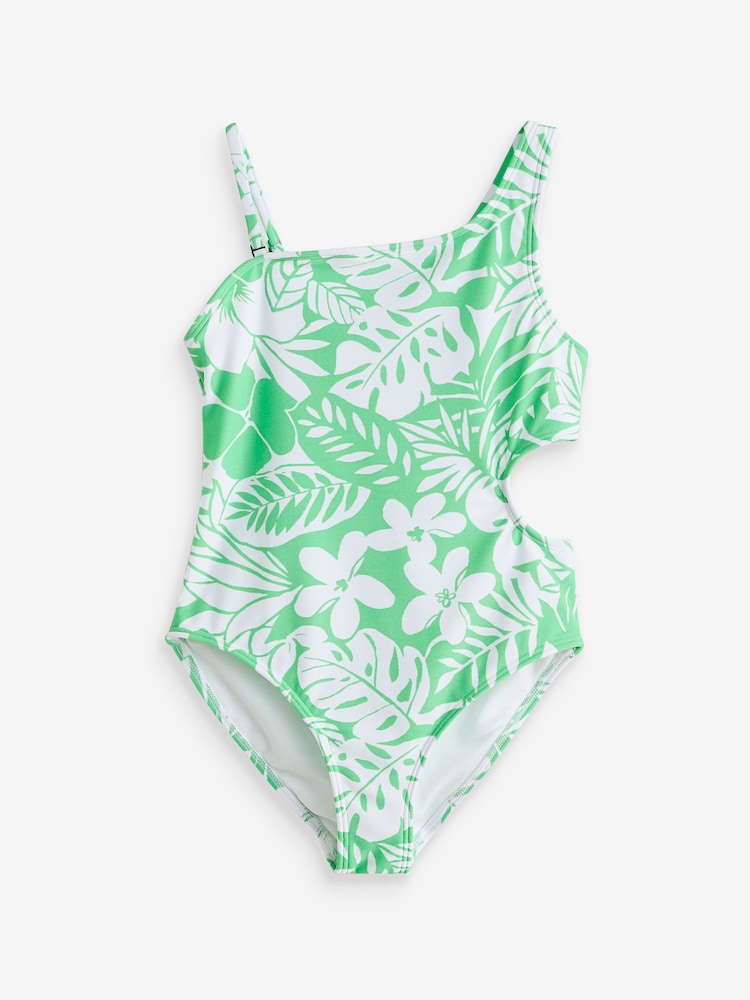 Abercrombie & Fitch asymmetrischer Badeanzug mit Zierausschnitten und Floralmuster in Grün - Bild 1 von 3