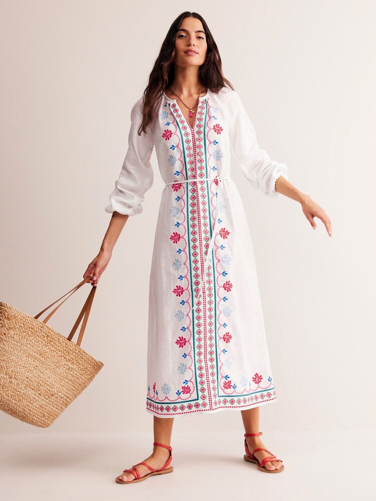 Boden White Petite Embroidered Belted Linen Dress - Image 1 of 1