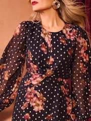 Love & Roses Black Floral Metallic Printed Twist Front Mini Dress - Image 4 of 4