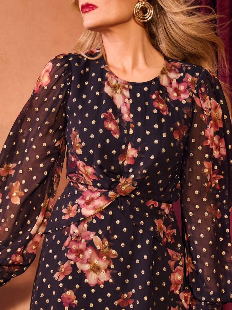 Love & Roses Black Floral Metallic Printed Twist Front Mini Dress - Image 4 of 4