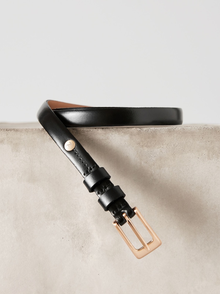 Black/Gold Premium Made In Italy Leather Micro Skinny Belt - Image 3 of 5